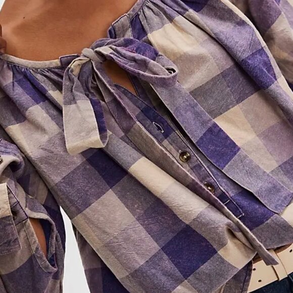 NWT $128 Free People We The Free Big Bow Plaid Pullover Tunic Shirt Size Medium - Picture 5 of 10